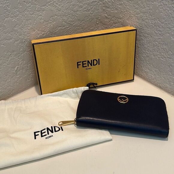 Fendi Zip Around Continental Long Wallet Dark Blue Leather Luxury Minimalist - Picture 1 of 14
